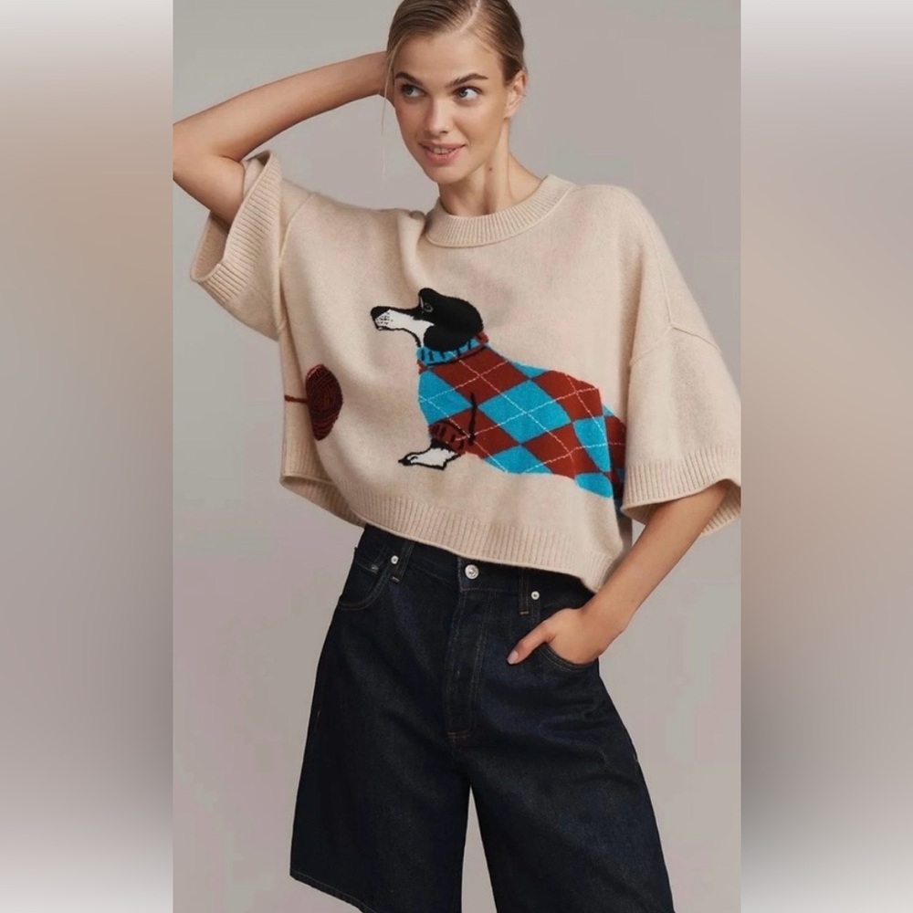 Sold out Anthropologie The Goldie Crew-Neck Dachshund Cashmere Sweater NWT $178